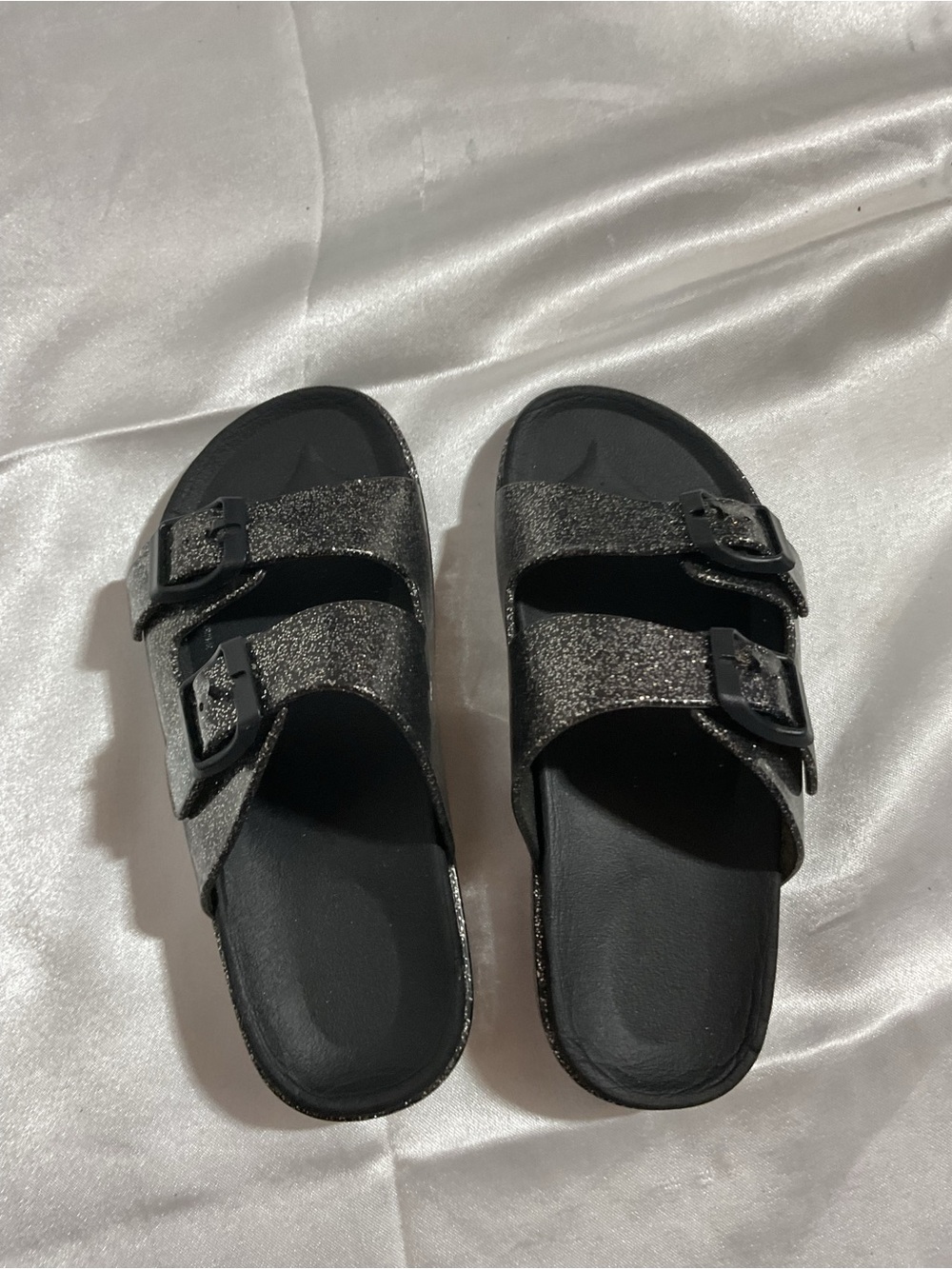 Kids' Black Glitter Double-Buckle Slide Sandals